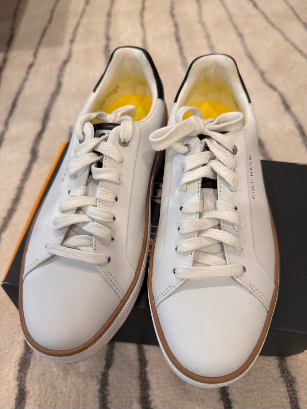 Cole Haan White Leather Sneakers with Navy Heel and Tan Welt - Picture 3 of 6